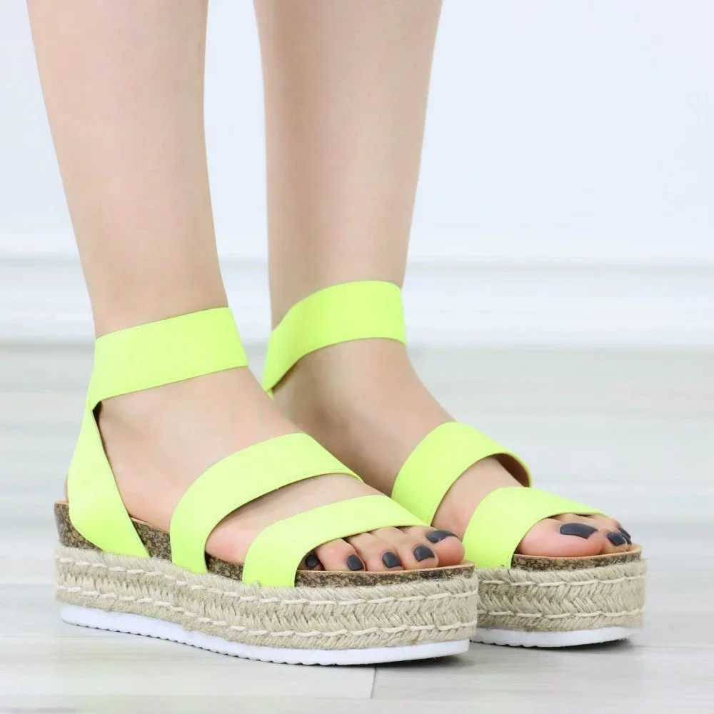 Neon Yellow Elastic Strappy Sandals Espadrille Platform Heel - Picture 5 of 11